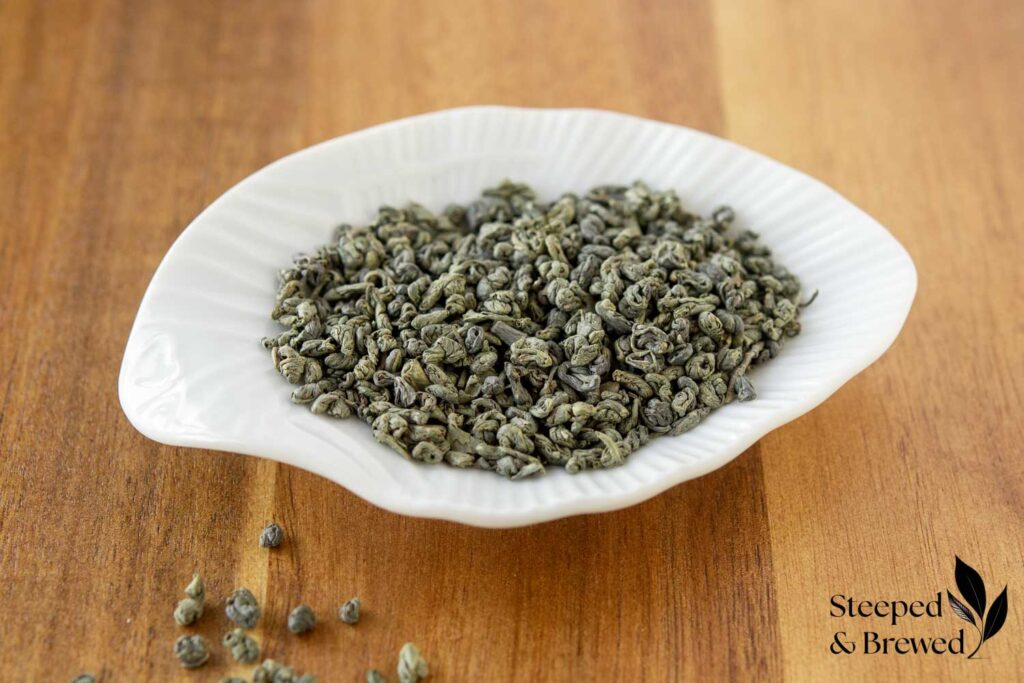 Gunpowder green tea in a ceramic dish