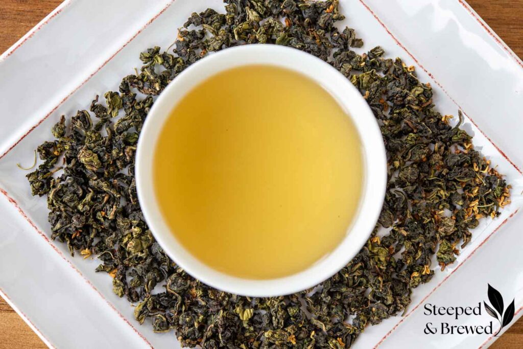 Oolong tea leaves and brewed tea